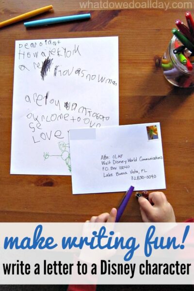 Help reluctant kids with handwriting practice. Make it fun by writing a letter to a favorite Disney character and get a return postcard.