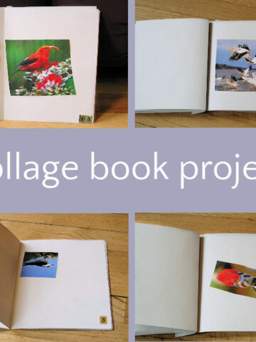 Four photos of a collage book art project