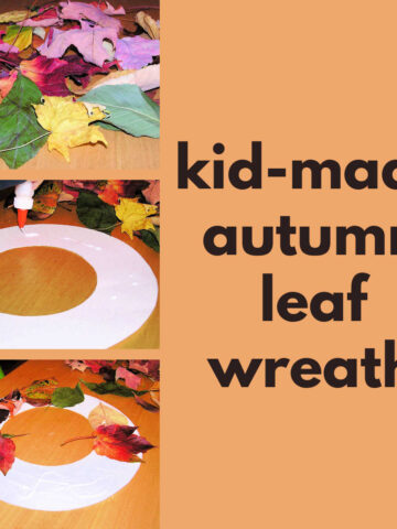 three photos of kid-made fall leaf wreath craft in progress