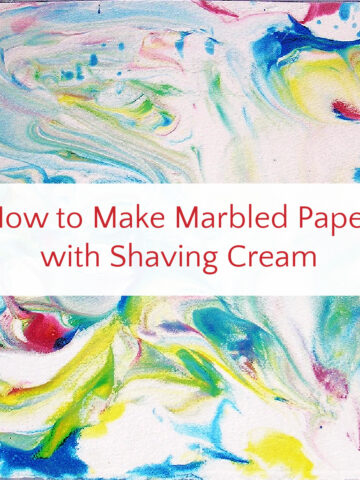 Multicolored marbled paper with text overlay that reads "how to make marbled paper with shaving cream".