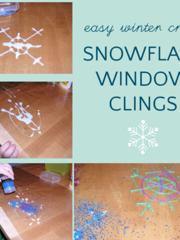 Collage of step by step photos for window cling project with text, easy winter craft snowflake window clings.