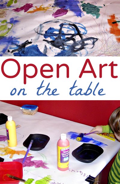Open ended art on a paper covered table is a great boredom buster for kids