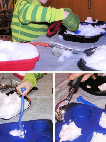 Collage of photos of child playing with snow indoors at a table with kitchen items