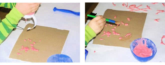 Two images of painting with pink puffy paint