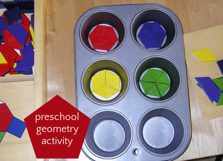 Pattern blocks set up in a muffin tin for a preschool geometry activity