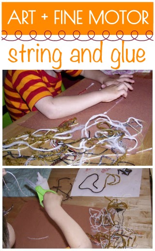 Fine motor art project with yarn and glue