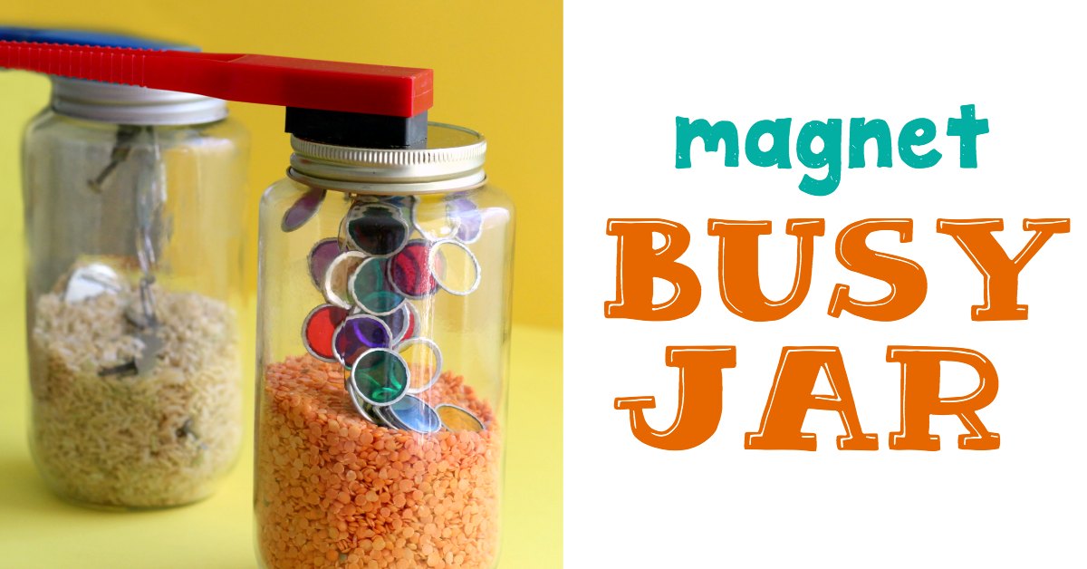Two jars filled with grains and magnetic objects plus magnet wand