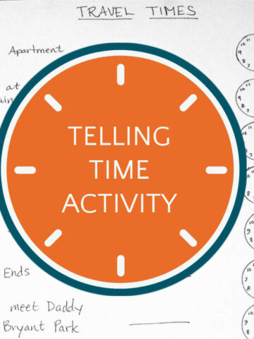 Telling time activity worksheet in background of blank clock face and text overlay