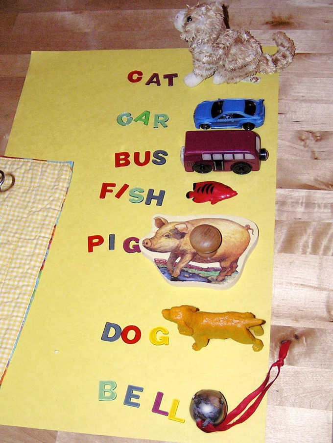 Toys lined up with names spelled out in small letters as part of spelling activity