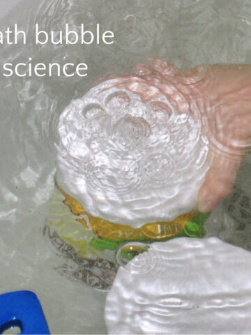 child using plastic container in both water to learn how bubbles form