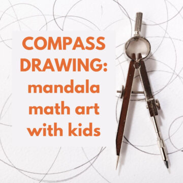 Drawing compass on paper covered in penciled circles. Text overlay reads "compass drawing: mandala math art with kids."