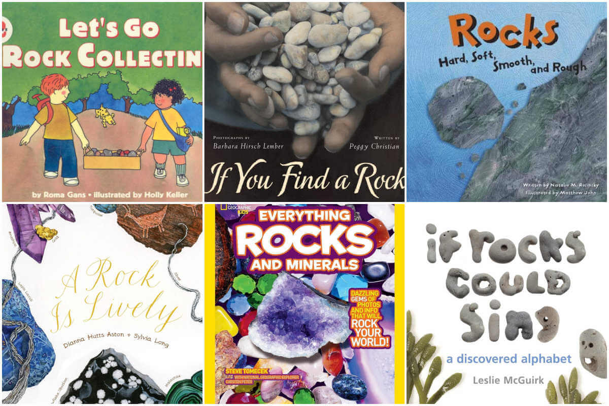 Collage of book covers for picture books about rocks.