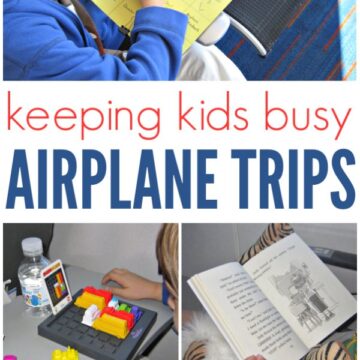 Collage of photos of child writing on yellow paper, child's hand playing with toy game in airplane seat and child reading book and holding stuffed tiger. Text reads "keeping kids busy Airplane Trips"