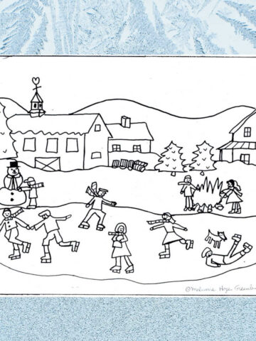 Coloring page, uncolored, of skating children on pond surrounded by snow and houses.