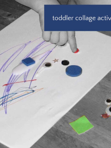 toddler applying collage items to paper with finger