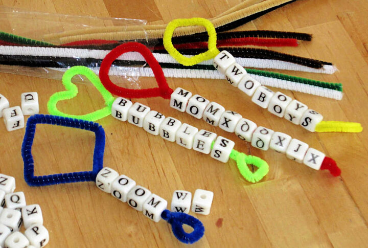 Personalized diy bubble wands made with pipe cleaners and alphabet beads