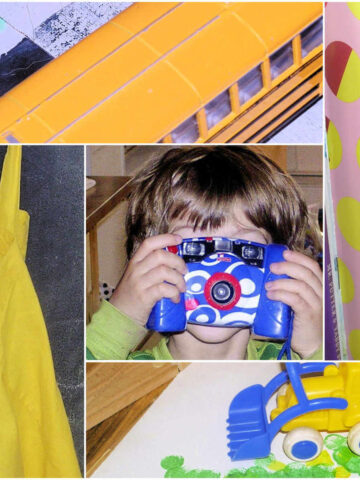 collage of yellow items and child holding camera in front of his face