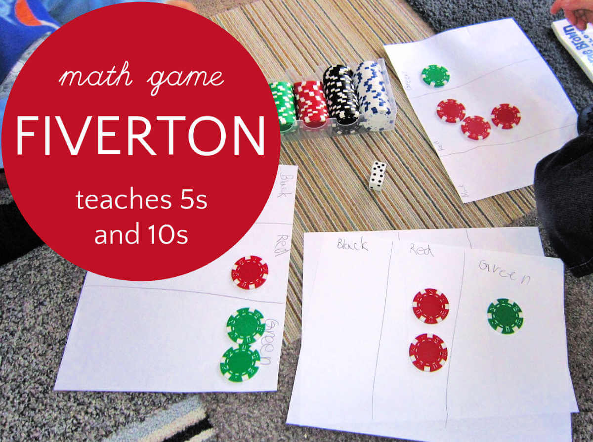 Paper, math chips, dice set out on floor for 5s and 10s math game