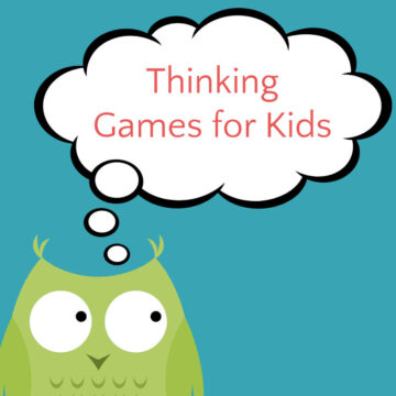 Green owl graphic with thought bubble and text, Thinking Games for Kids.