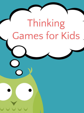 Green owl graphic with thought bubble and text, Thinking Games for Kids.