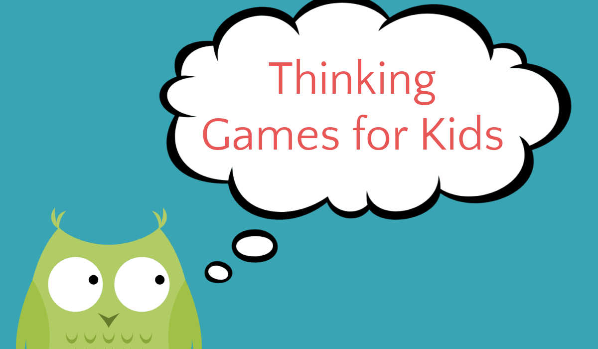 Green owl graphic with thought bubble and text, Thinking Games for Kids.