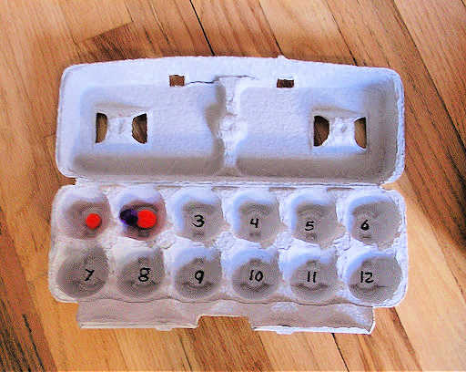 Egg carton labeled with numbers and pom poms in carton sections