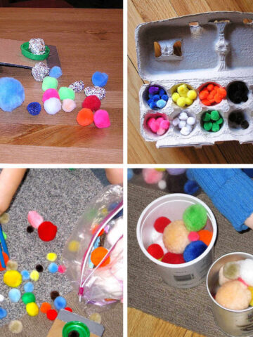Collage of different ways to play with pom poms