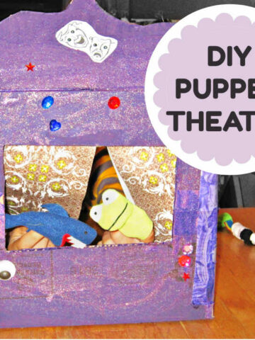 Purple cardboard diy puppet theater