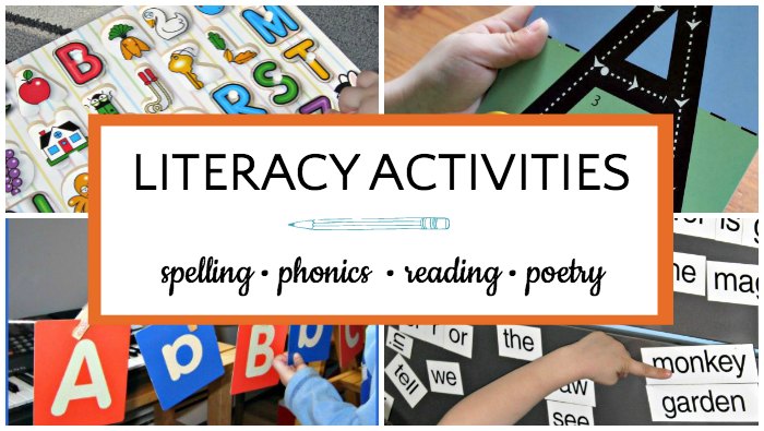 Collage of four photos literacy activities. Top left: alphabet puzzle. Top right: child holding A letter card. Bottom left: child hanging letter cards on string. Bottom right: child's hand pointing large word magnets. Text overlay reads "Literacy activities spelling phonics reading poetry" with line drawing of pencil.