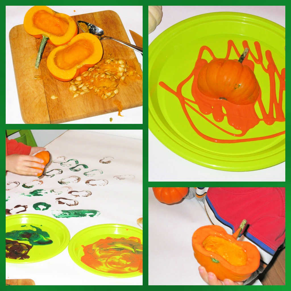 Collage of step by step for making pumpkin prints