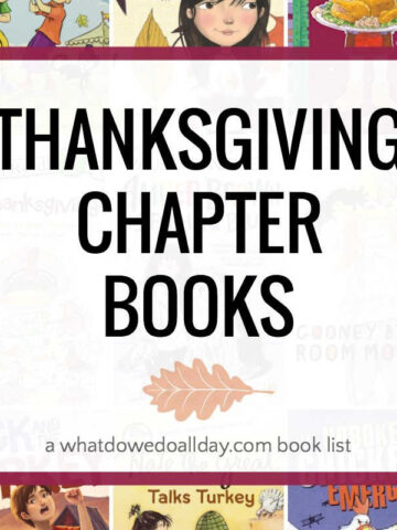 Collage of Thanksgiving chapter books with text overlay
