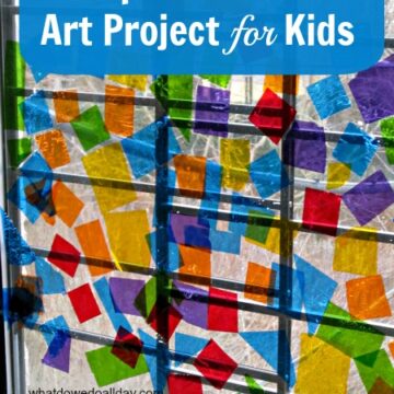 text box, "Cellophane Window Art Project for Kids" over top portion of photo of a window covered in small squares of colored cellophane applied in a haphazard pattern to glass.
