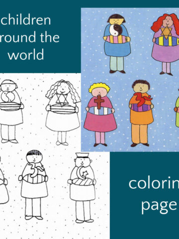 Blank coloring page featuring five multicultural children alongside colored-in same coloring page on blue background with text that reads "children around the world coloring page."