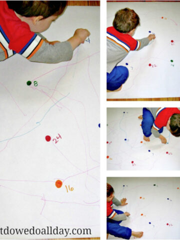 Collage of images showing child doing a large dot to dot activity on the floor
