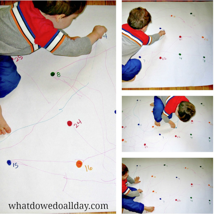 Collage of images showing child doing a large dot to dot activity on the floor