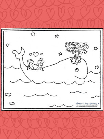Coloring page with illustration of two fish sitting on large whale on top of ocean waves. A heart is above the fish indicating they are in love. Coloring page on red background with faded scribble hearts.