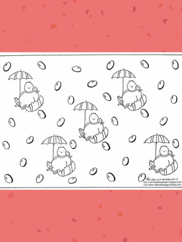 Coloring page featuring illustration of 5 Easter chick holding umbrellas with a myriad jelly beans "raining" among them. Coloring page on pink background with red faded dots.