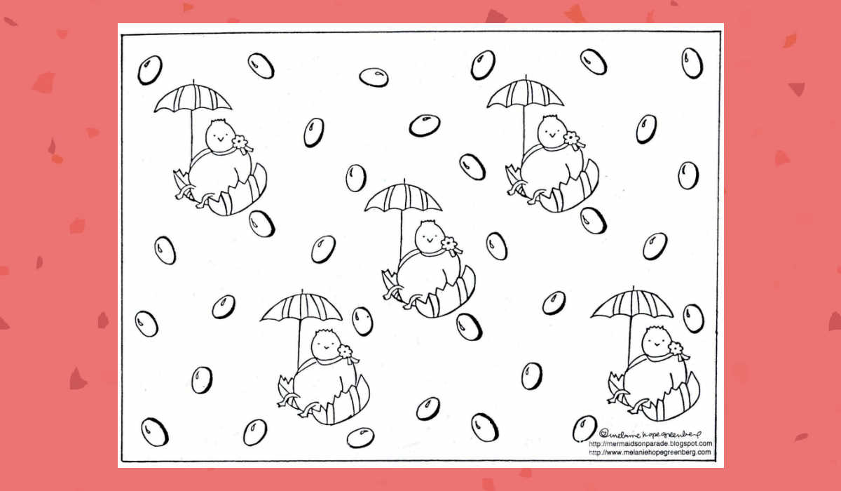 Easter chick and jelly beans with umbrellas coloring page.