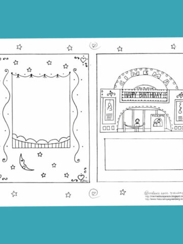 coloring page with theater curtain illustration on one side and movie theater marquee on the other