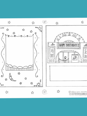 Coloring page with theater curtain illustration on left side and movie theater marquee illustration right.