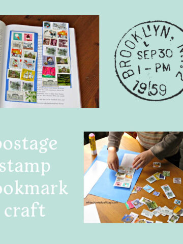 two photos of postage stamp bookmark craft