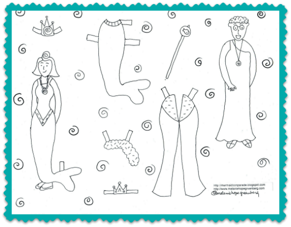 Printable mermaid paper dolls to color by Melanie Hope Greenberg.