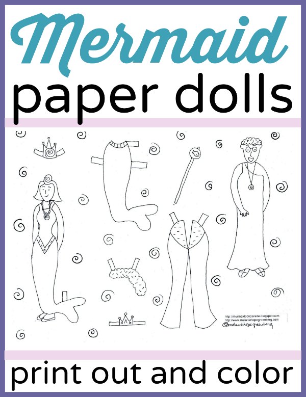 Mermaid paper dolls. Free, printable coloring page