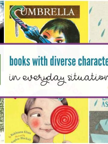 Diverse books with characters in everyday situations.