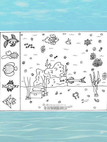 Under the Sea coloring page with fish and other creatures, on ocean background.