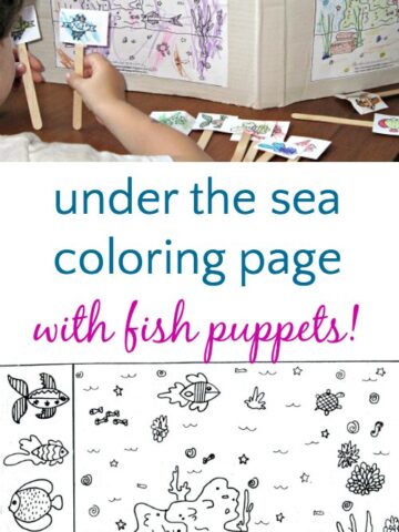 Under the sea ocean coloring page that includes fish puppets for pretend play