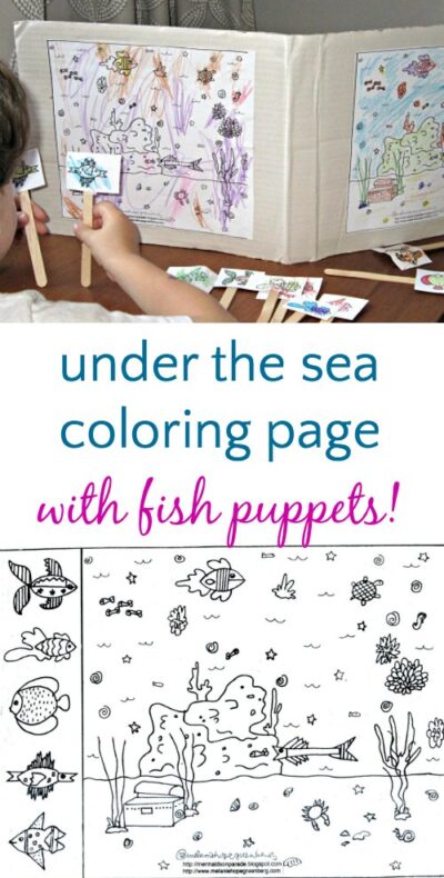 Under the sea ocean coloring page that includes fish puppets for pretend play