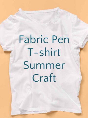 white t-shirt on orange background with text "fabric pen t-shirt summer craft"