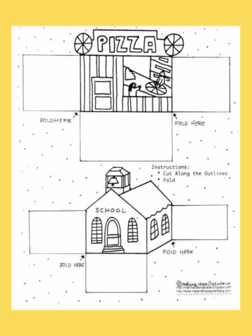 blank Pizza parlor and school house coloring page template on yellow background
