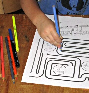 Free printable train coloring page and maze